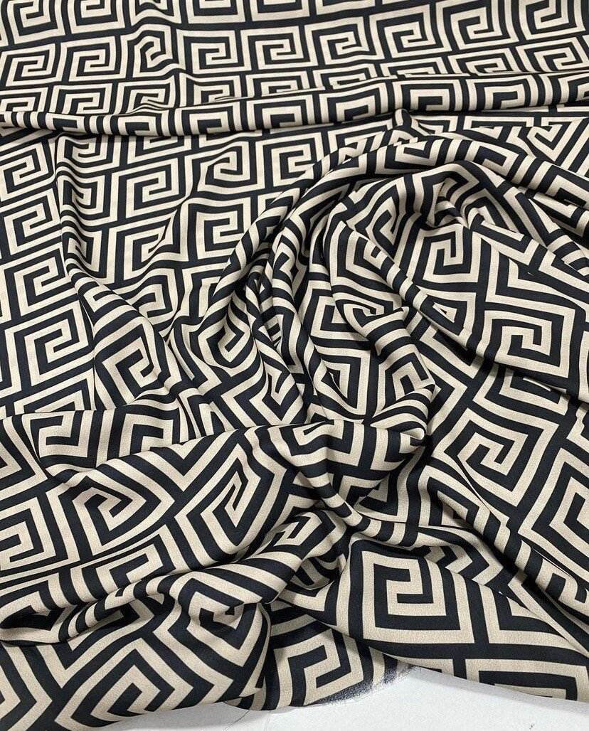 Greek Key Design Fabric – Fabric by Metre, Options: Satin, Crepe, Spandex, Chiffon