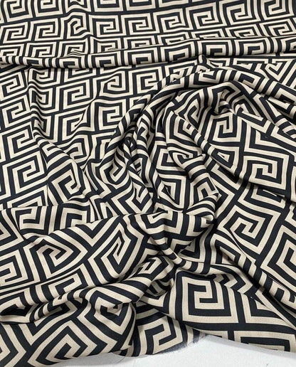 Greek Key Design Fabric – Fabric by Metre, Options: Satin, Crepe, Spandex, Chiffon