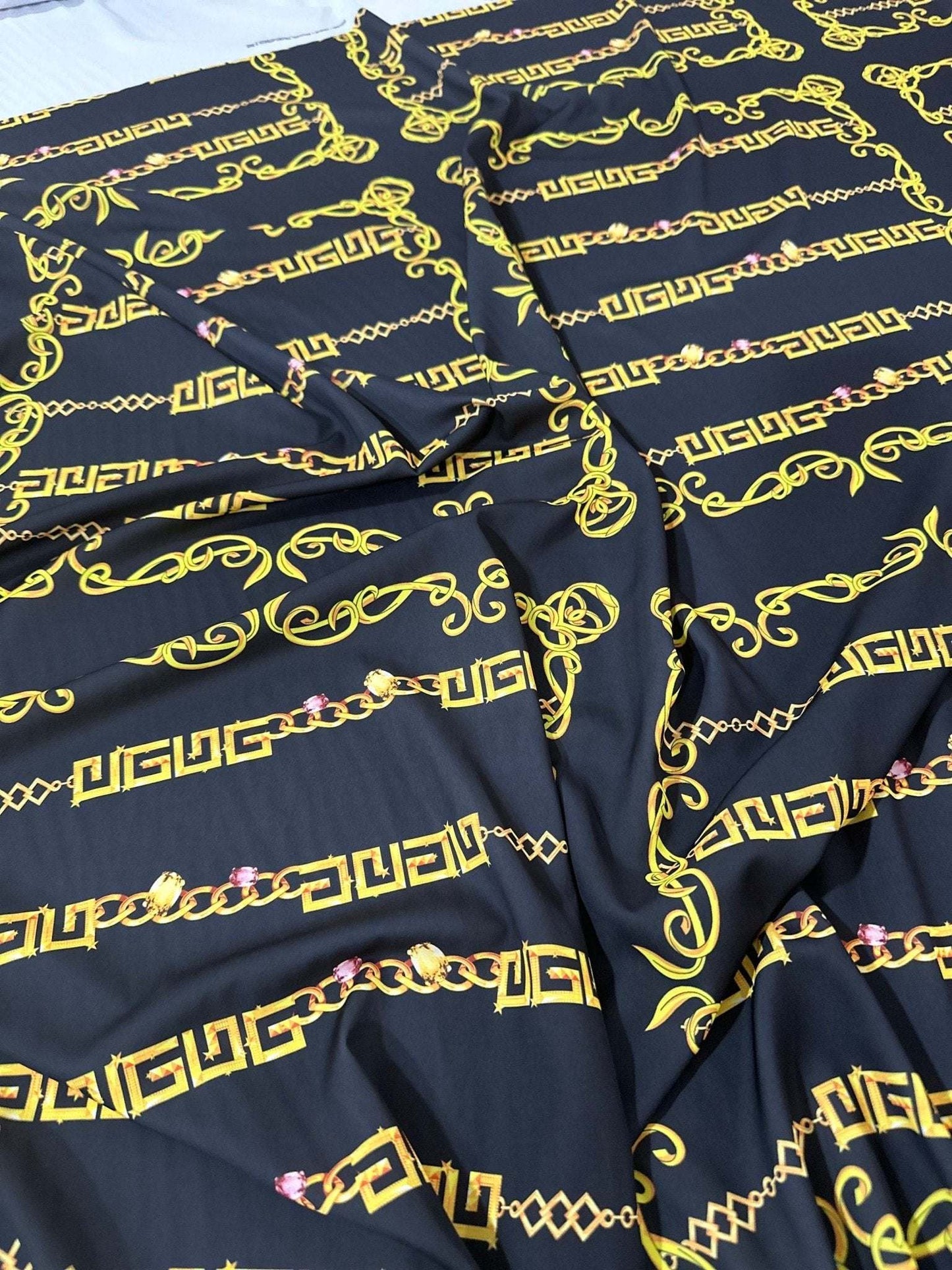 Gold Greek Key Fabric – Fabric by Metre, Options: Satin, Crepe, Spandex, Chiffon