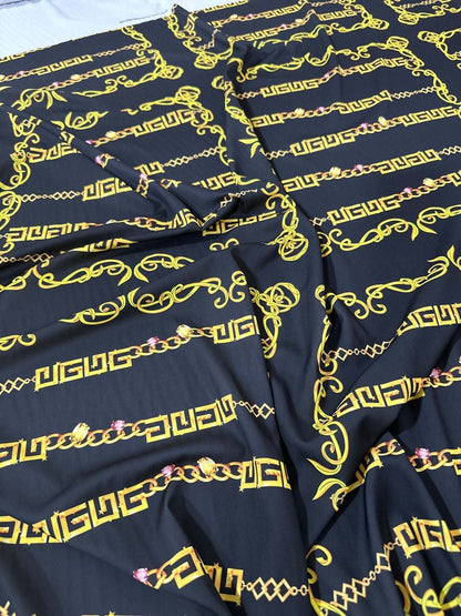 Gold Greek Key Fabric – Fabric by Metre, Options: Satin, Crepe, Spandex, Chiffon