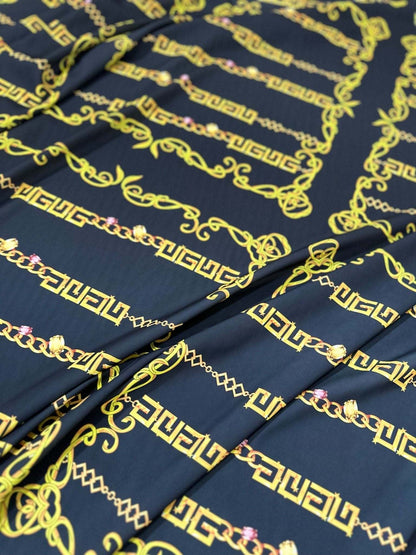 Gold Greek Key Fabric – Fabric by Metre, Options: Satin, Crepe, Spandex, Chiffon