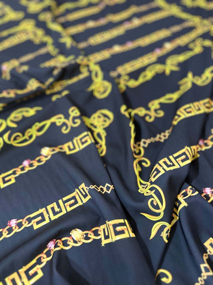 Gold Greek Key Fabric – Fabric by Metre, Options: Satin, Crepe, Spandex, Chiffon