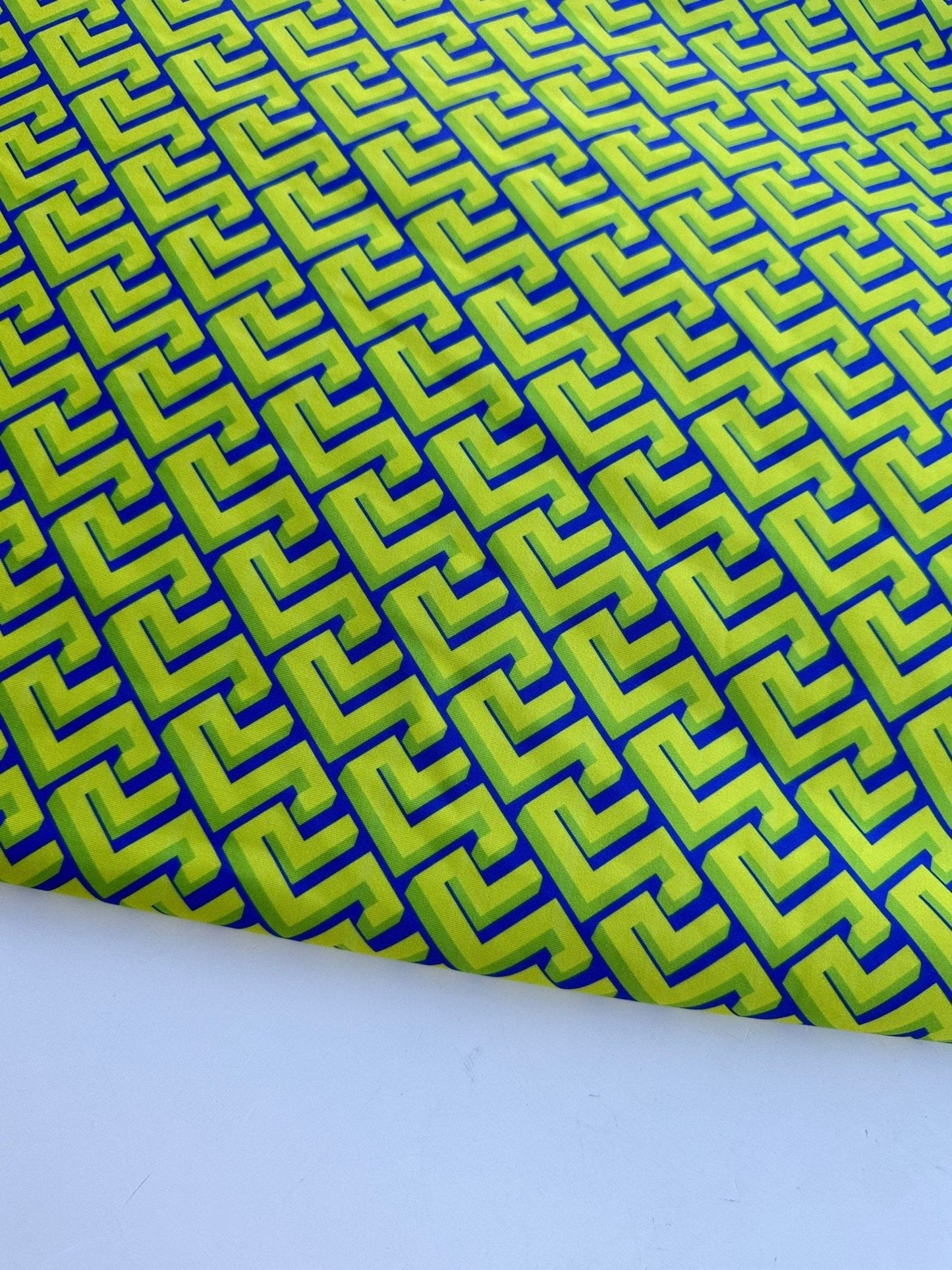 Greek Key Neon Green Geometric Fabric