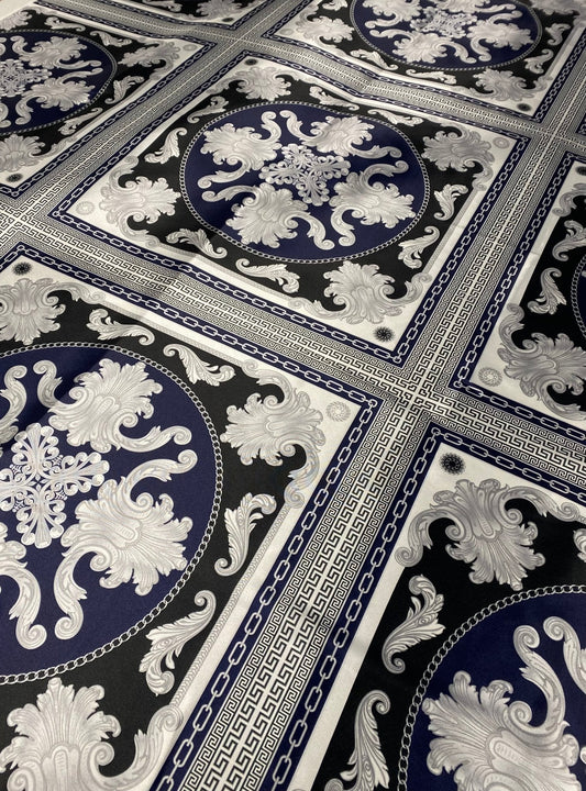 Greek Key Pattern with Navy Blue Baroque Fabric – Available in Satin, Crepe, Spandex & Chiffon | By Metre