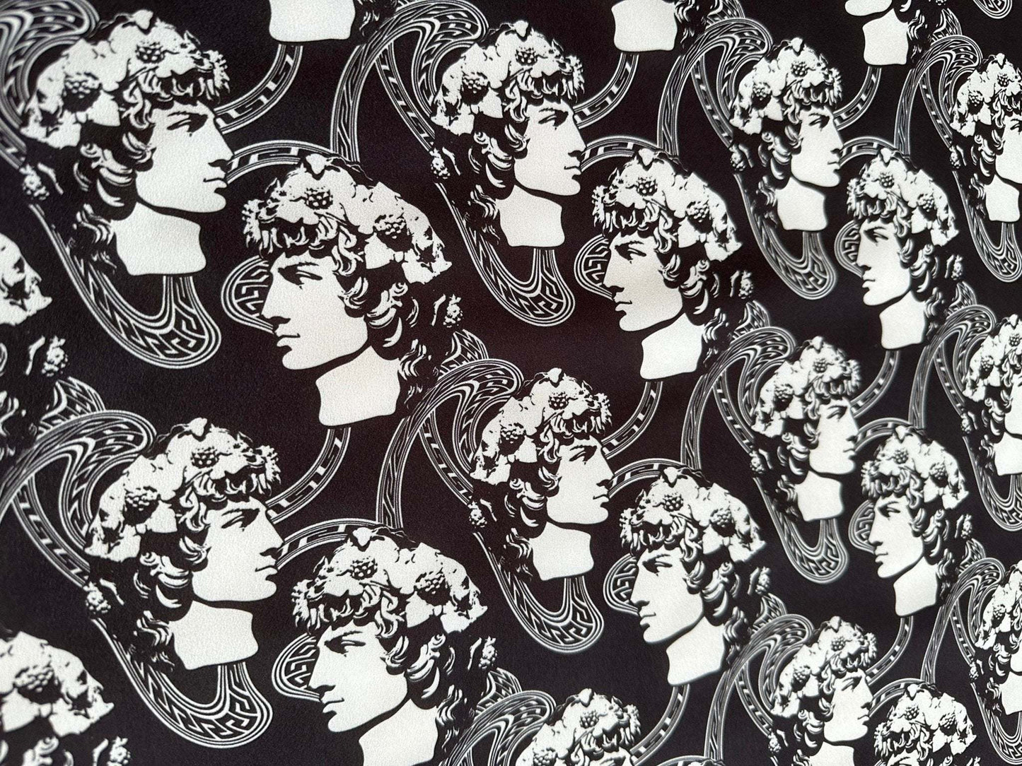 Greek Crepe Fabric Youth Pattern Black  White Rome Design – Custom Printed Fabric on Satin, Crepe, Spandex or Chiffon