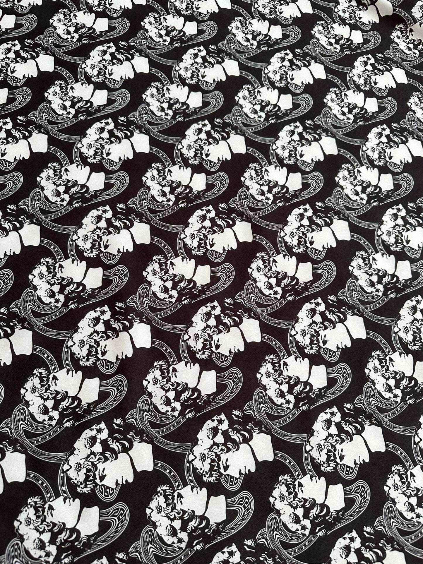 Greek Crepe Fabric Youth Pattern Black  White Rome Design – Custom Printed Fabric on Satin, Crepe, Spandex or Chiffon