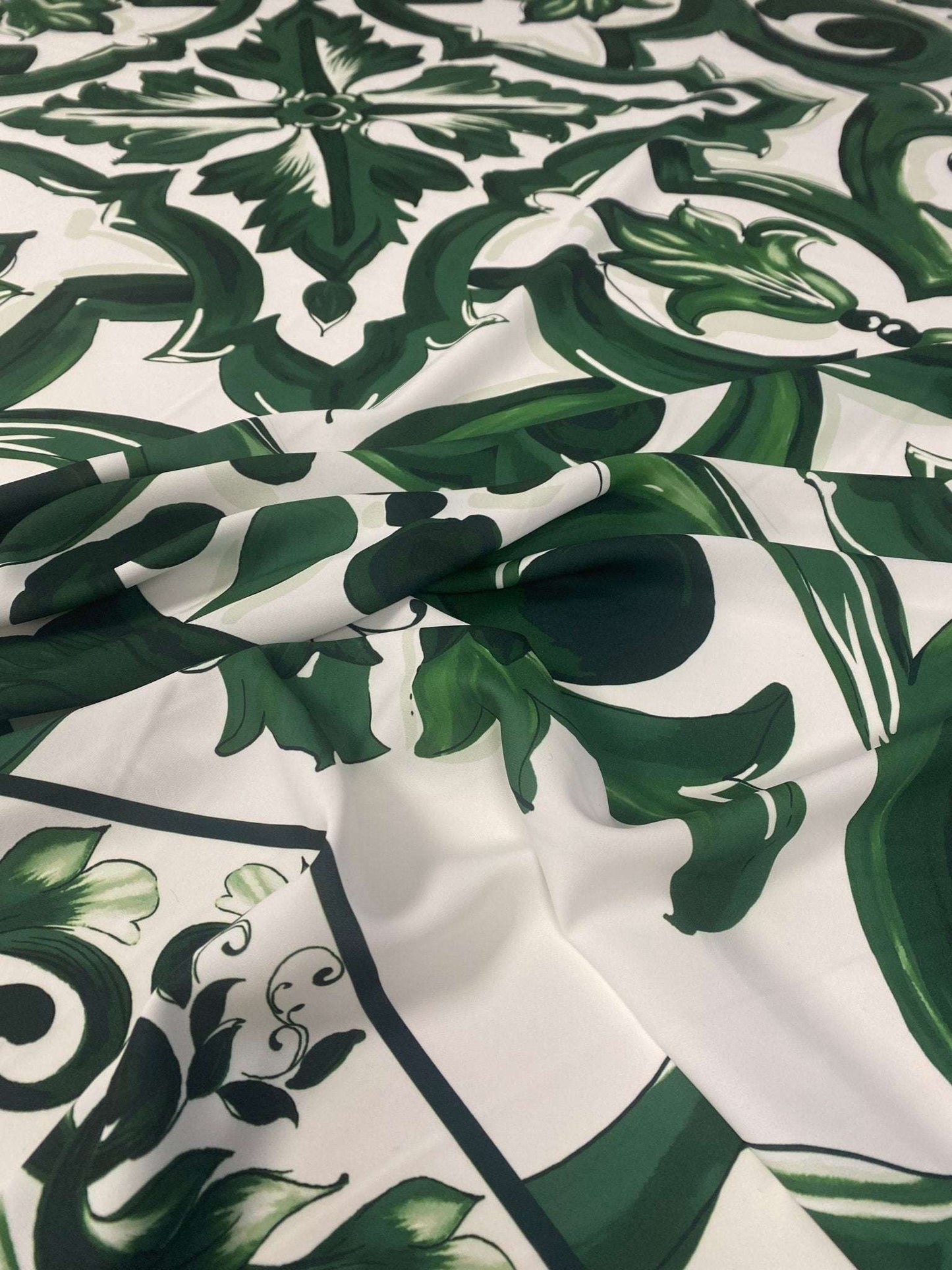 Green Baroque Floral Fabric – Custom Printed Fabric, Choose Material by Metre