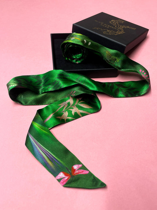 Green Silk satin 'Greenery' floral slinky silk scarf with insects and gem stones