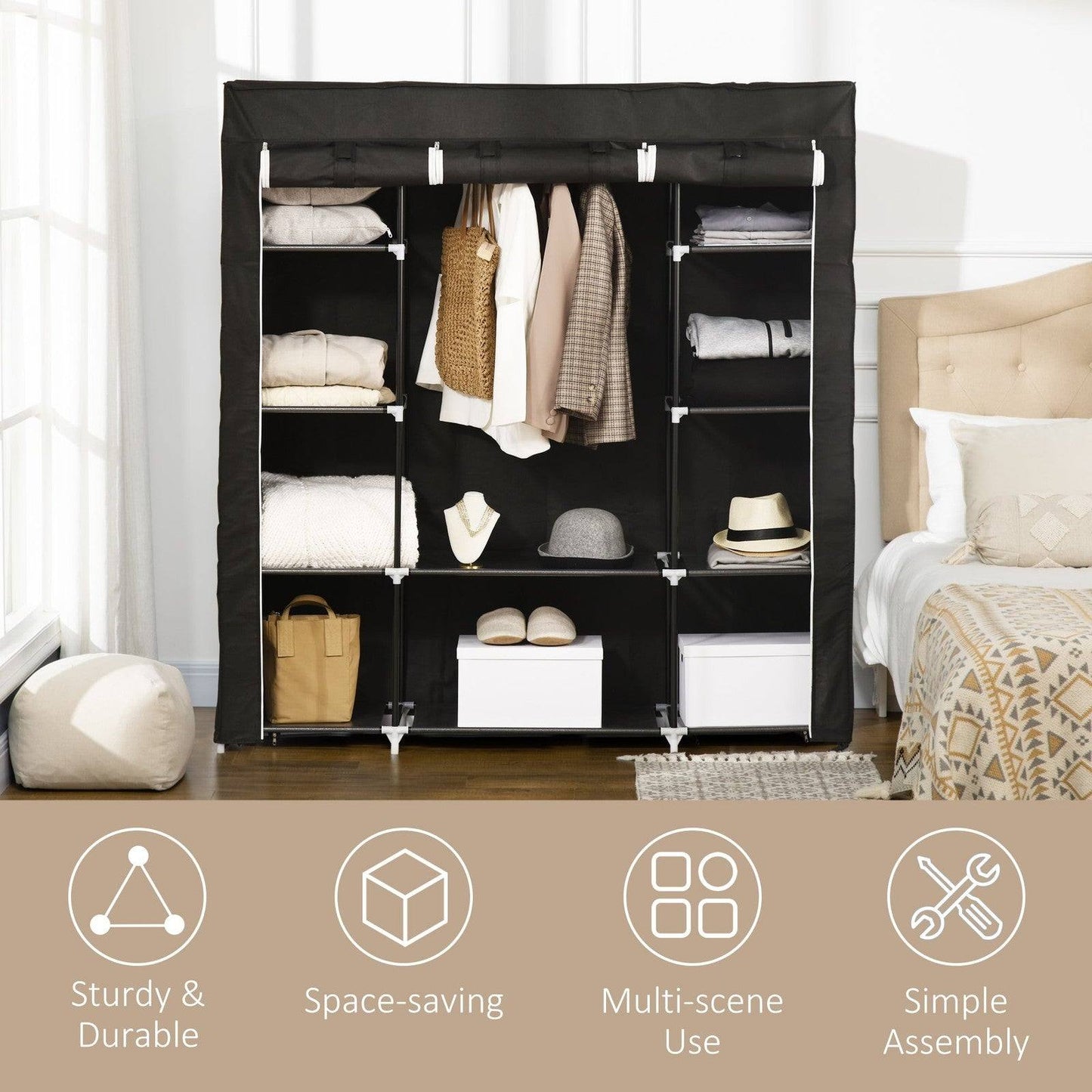 Fabric Wardrobe Portable Wardrobe With 10 Shelves 1 Hanging Rail Foldable Closets 150 X 43 X 162.5 cm Black