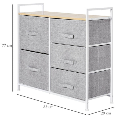 5 Drawer Linen Basket Storage Unit Home Organisation w/ Shelf Handles Metal Frame Adjustable Feet Hallway Home Dresser Grey