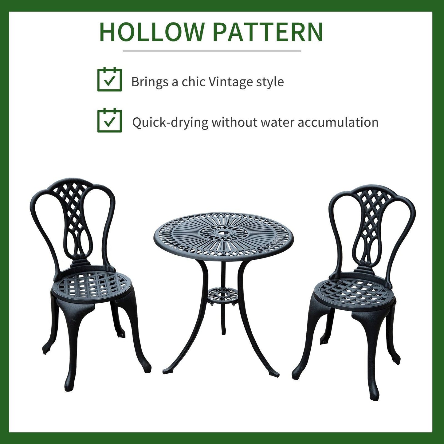 3-Piece Patio Cast Aluminium Bistro Set Garden Outdoor Furniture Table and Chairs Shabby Chic Style