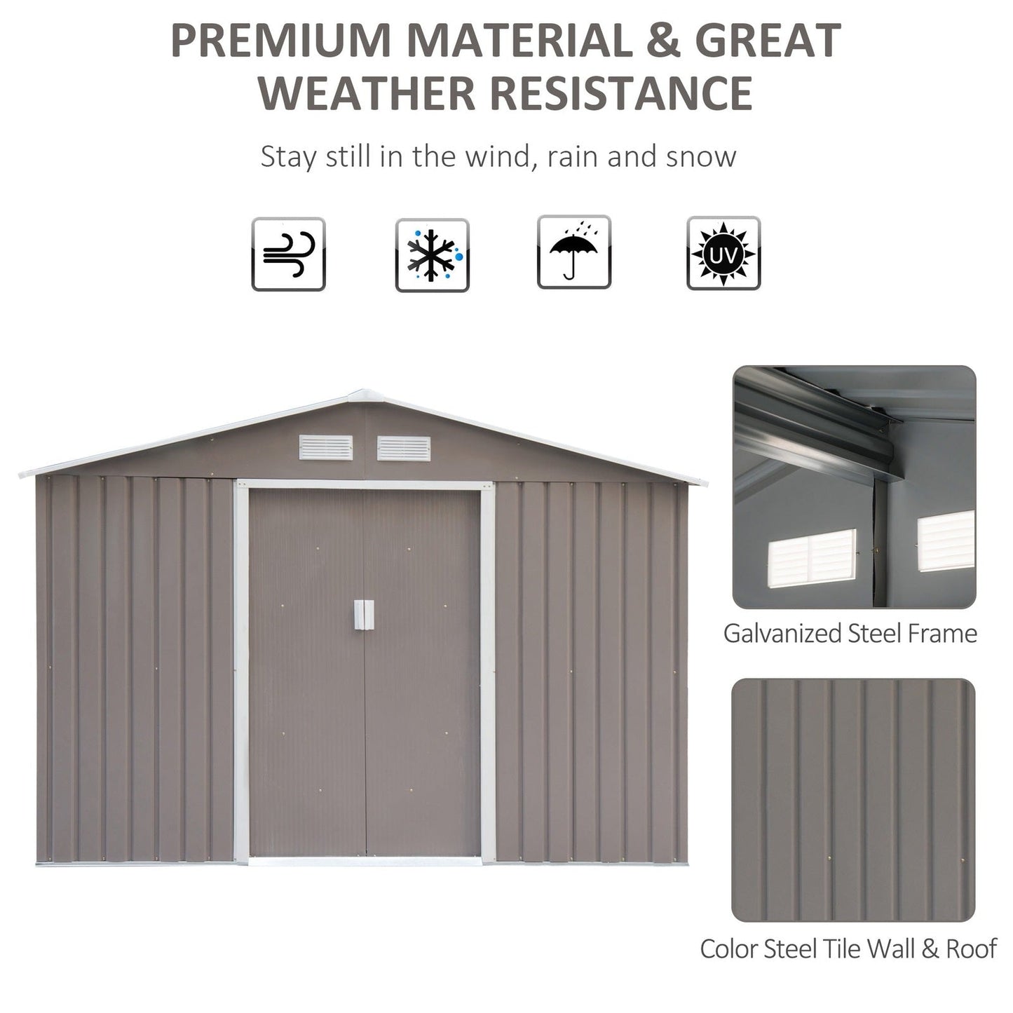 Galvanised 9 x 6' Double Door Apex Garden Shed With Ventilation Steel Grey by Steadfast