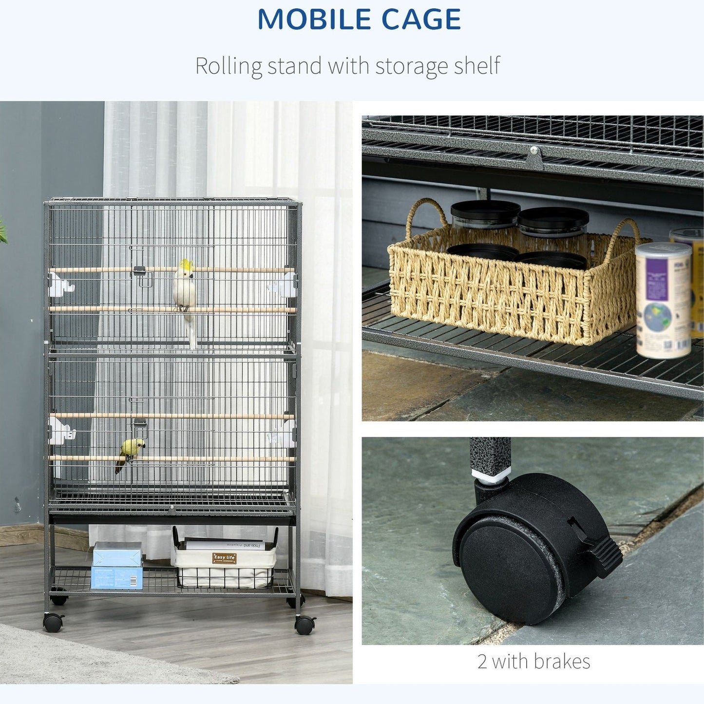 Grille 132cm Bird Cage Wheeled Black by Pawhut