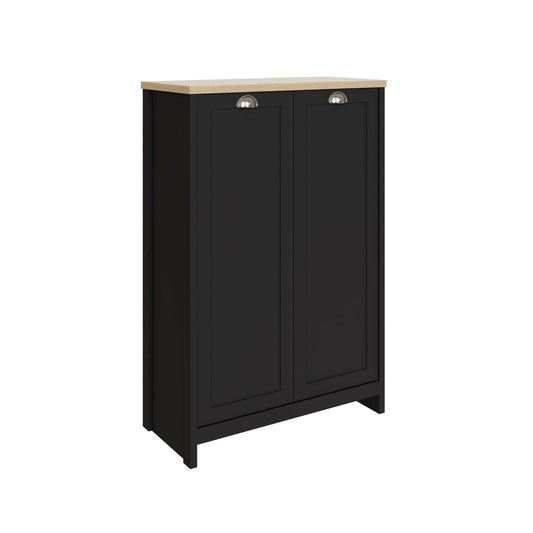 Lancaster Tall Shoe Storage Black & Oak 2 Doors 6 Shelves