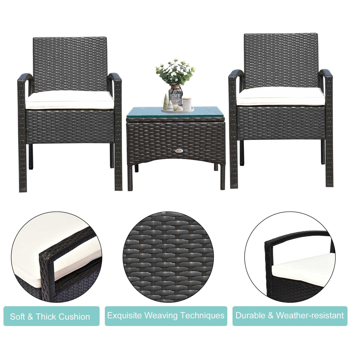 2 Seater Rattan Bistro Set Steel-Brown