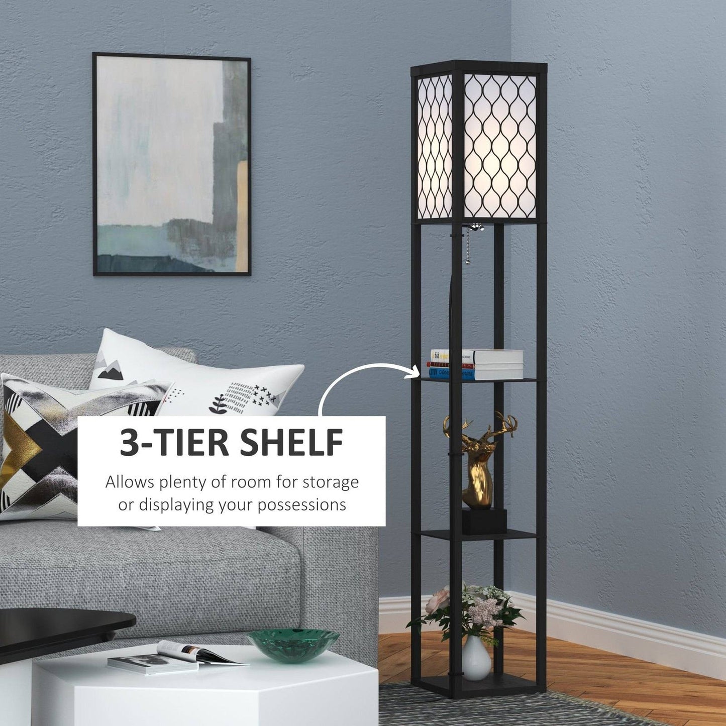 Shelf Floor Lamp Standing Lamp With4-Tier Wooden Open Shelves26L X 26W X 160H cm-Black/White