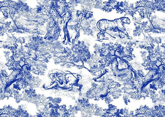 Blue Toile de Jouy Animals Organic Cotton Poplin Fabric by the Metre