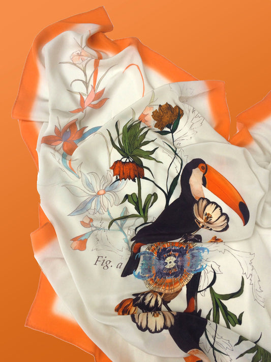 Square silk scarf with orange boarder 'Toucan Silk'