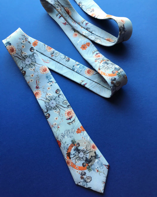 Pale blue silk tie with floral pattern 'Evolution' Men's Luxury Silk necktie