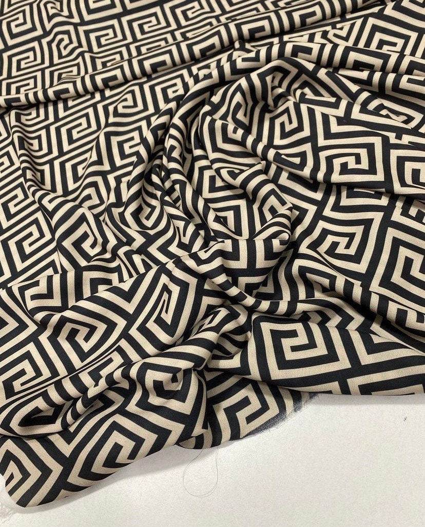 Greek Key Design Fabric – Fabric by Metre, Options: Satin, Crepe, Spandex, Chiffon