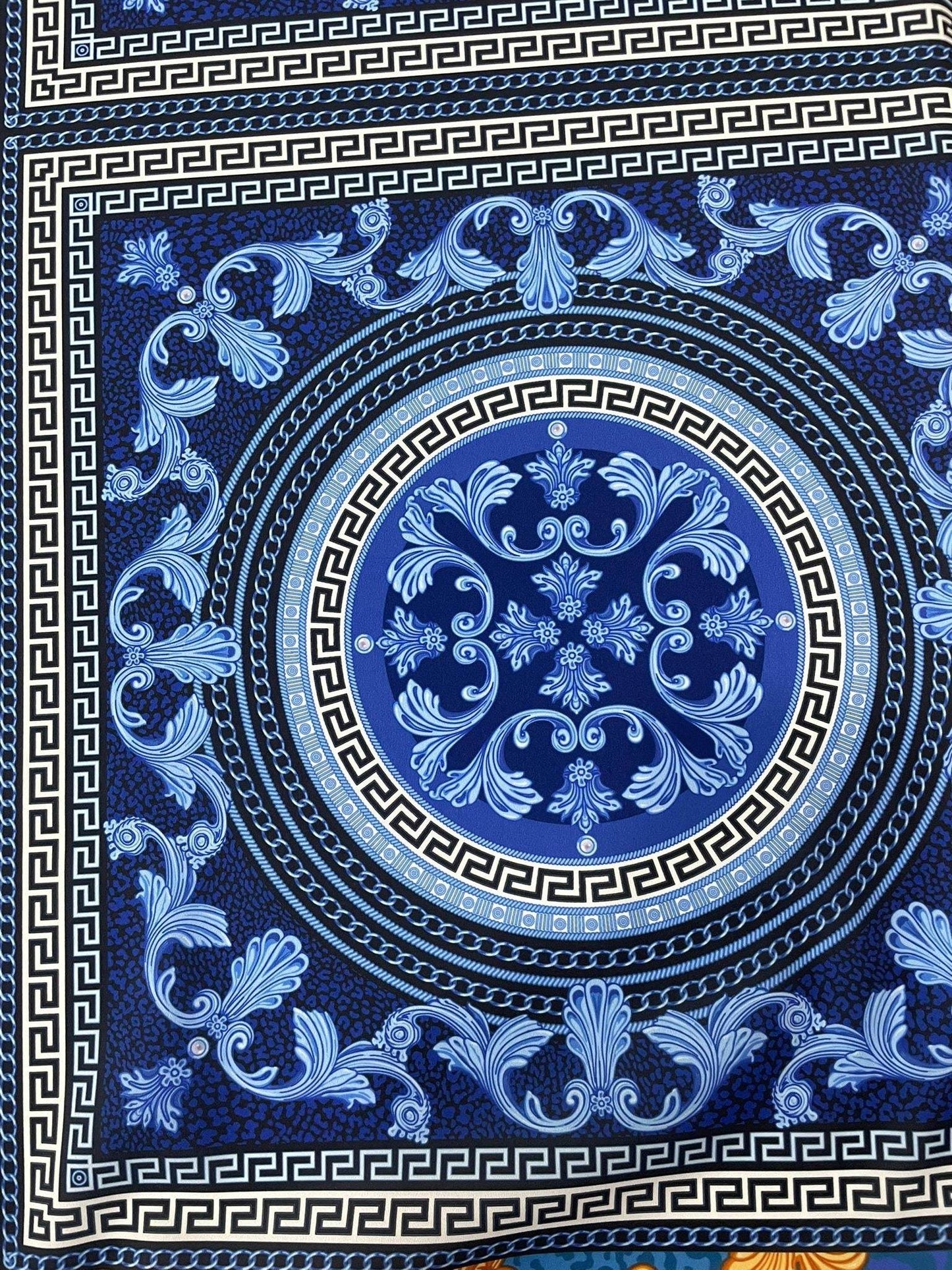 Navy Blue Baroque Greek Key Fabric – Available in Satin, Crepe, Spandex & Chiffon | By Metre
