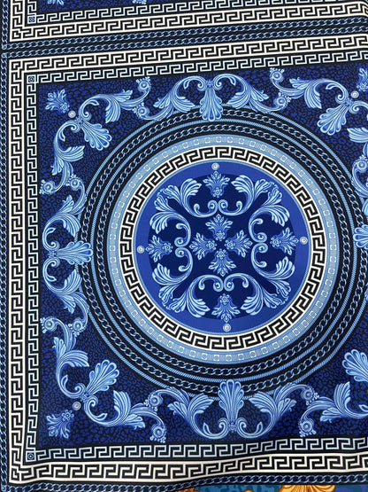 Navy Blue Baroque Greek Key Fabric – Available in Satin, Crepe, Spandex & Chiffon | By Metre