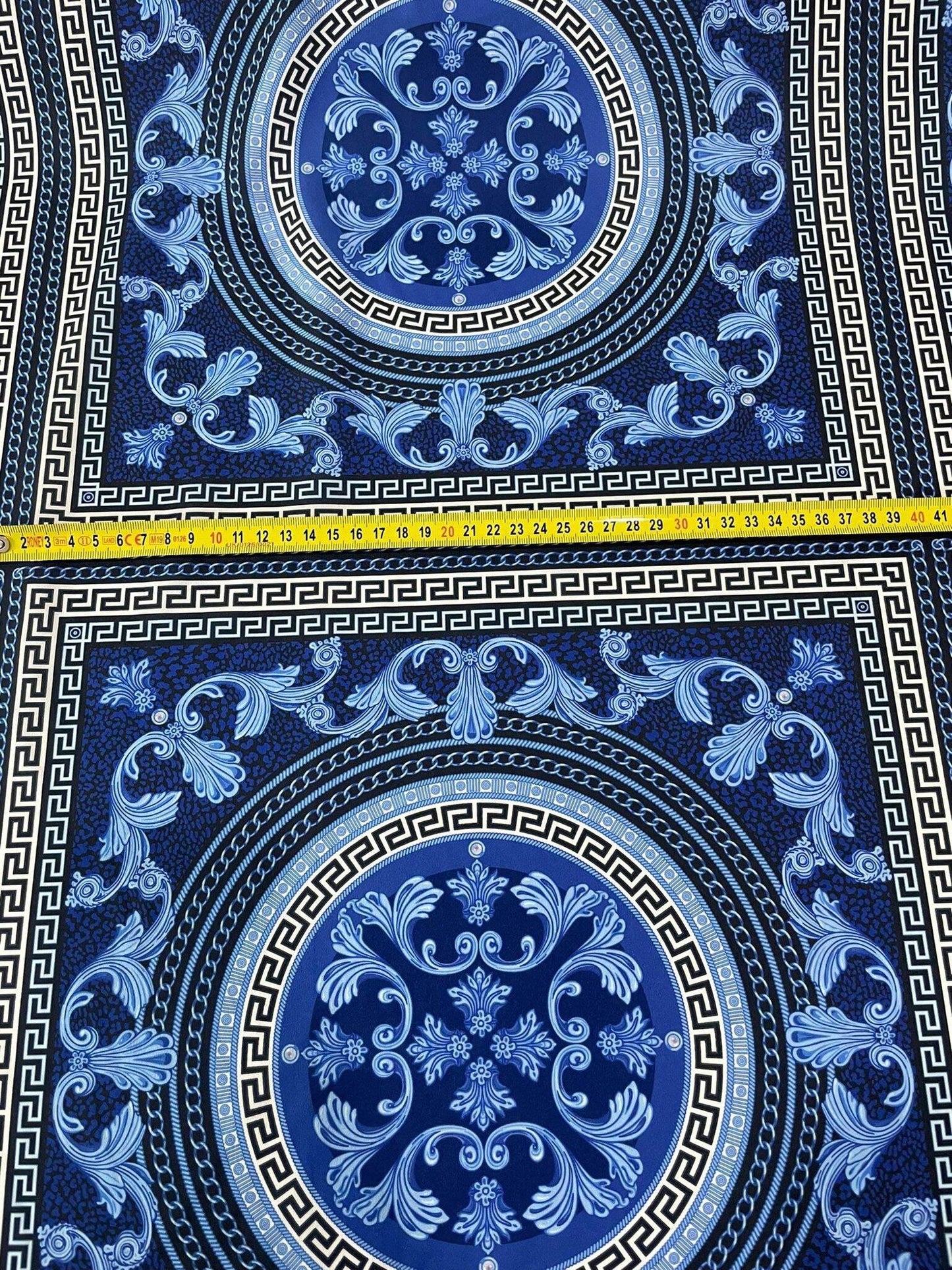 Navy Blue Baroque Greek Key Fabric – Available in Satin, Crepe, Spandex & Chiffon | By Metre