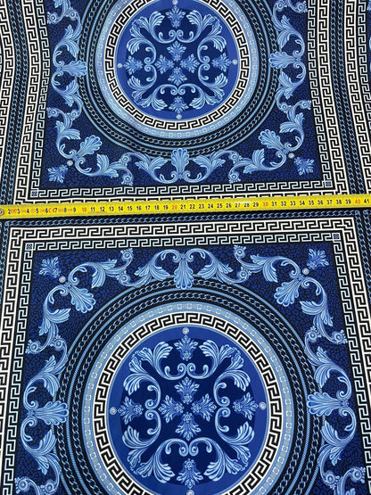 Navy Blue Baroque Greek Key Fabric – Available in Satin, Crepe, Spandex & Chiffon | By Metre