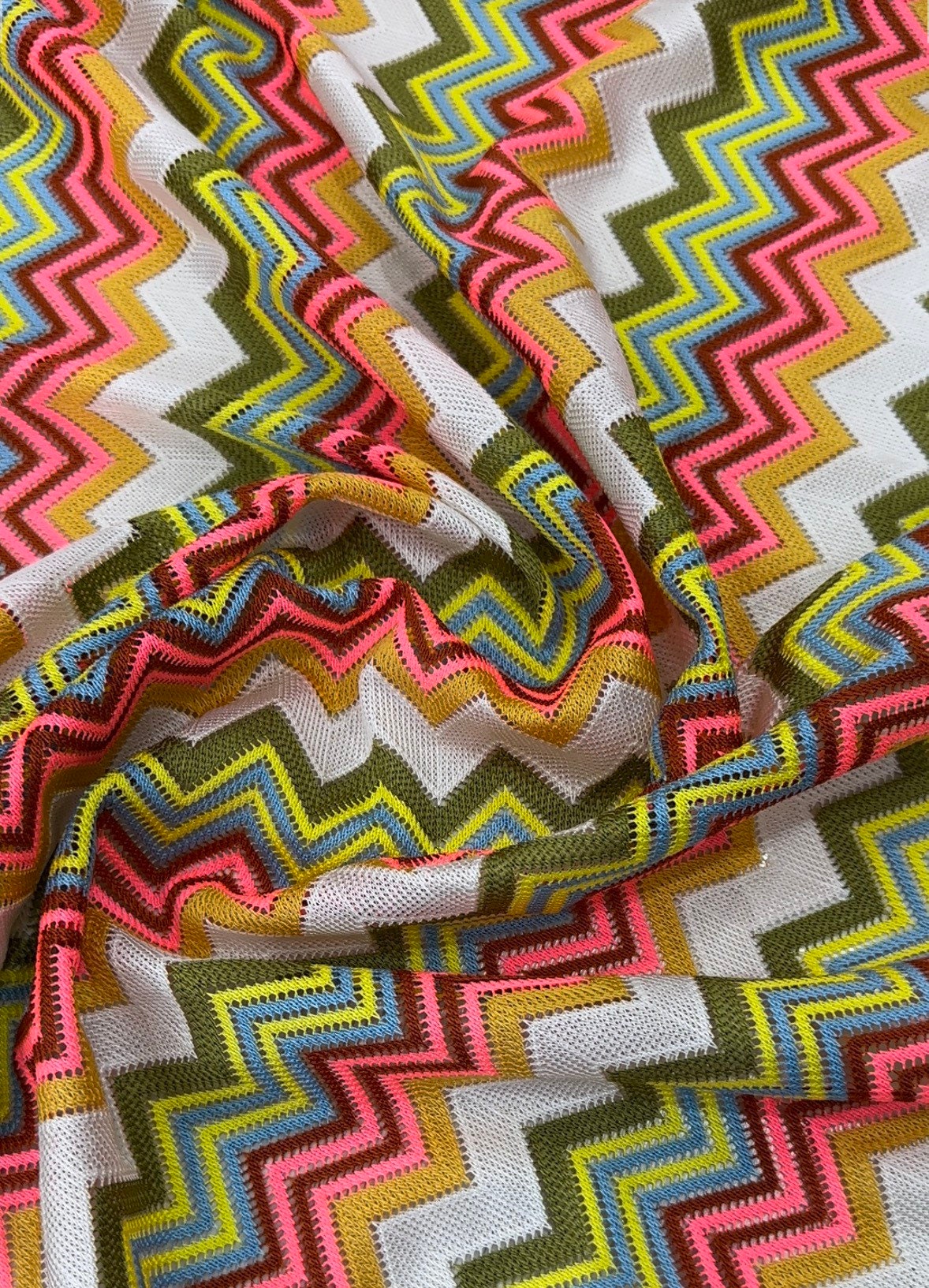 Multicolor Zigzag Knit Jersey Mesh Fabric for Crafting and Apparel