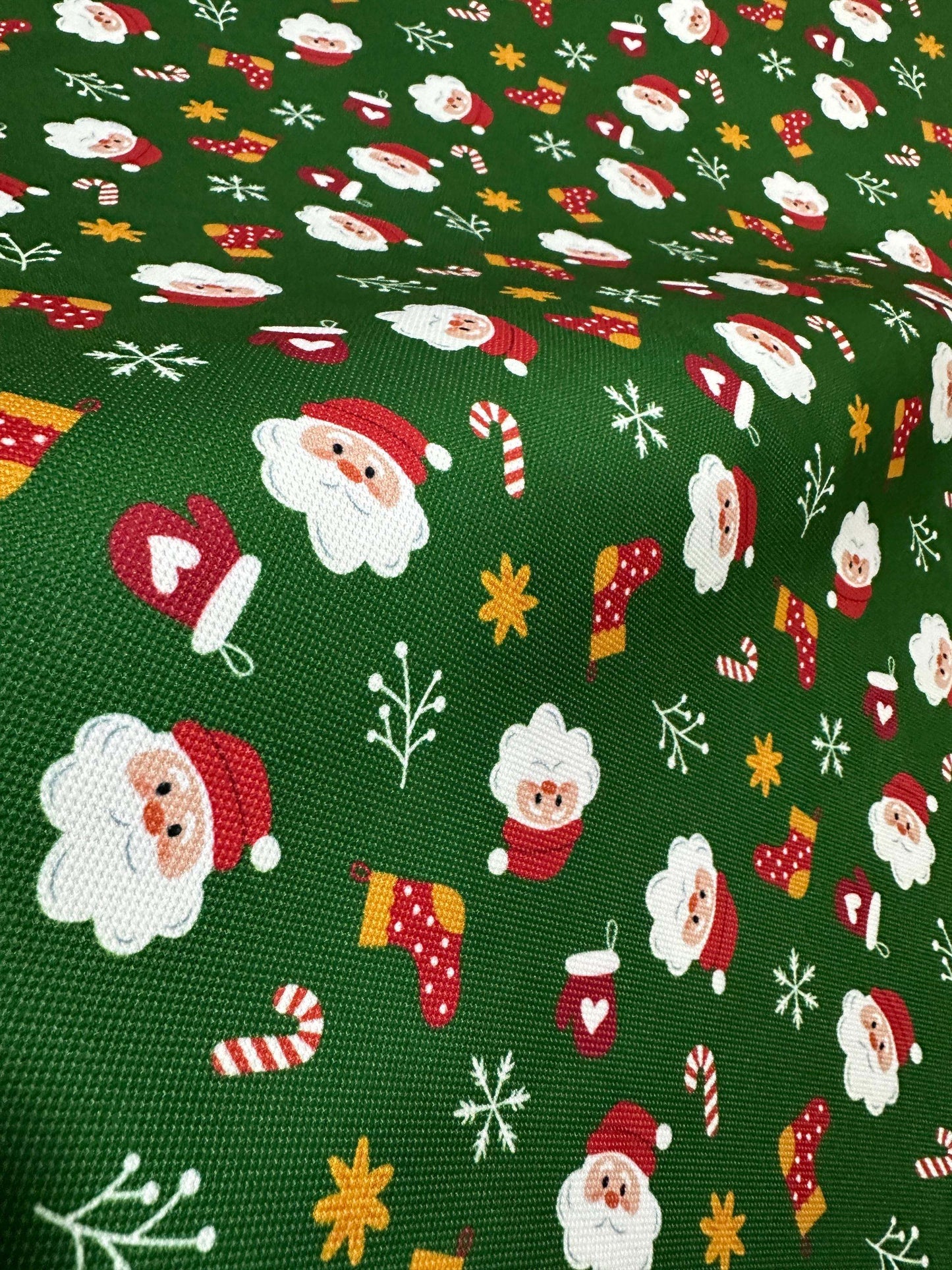 Green Santa Claus Christmas Fabric – Multiple Fabric Options, Sold by Metre