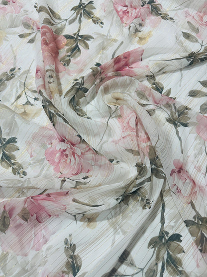 Gold Striped Floral Print Fabric