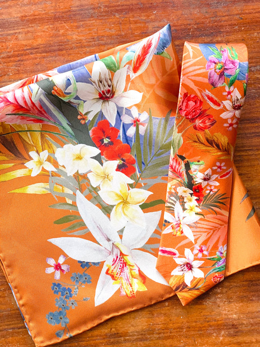 Rust Luxury Silk Pocket Square and tie in Gift set in box, 'Eden' design formal wear for weddings or groomsmen gift