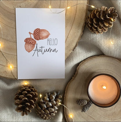 Hello Autumn Acorn New Autumn Seasonal Wall Home Decor Print