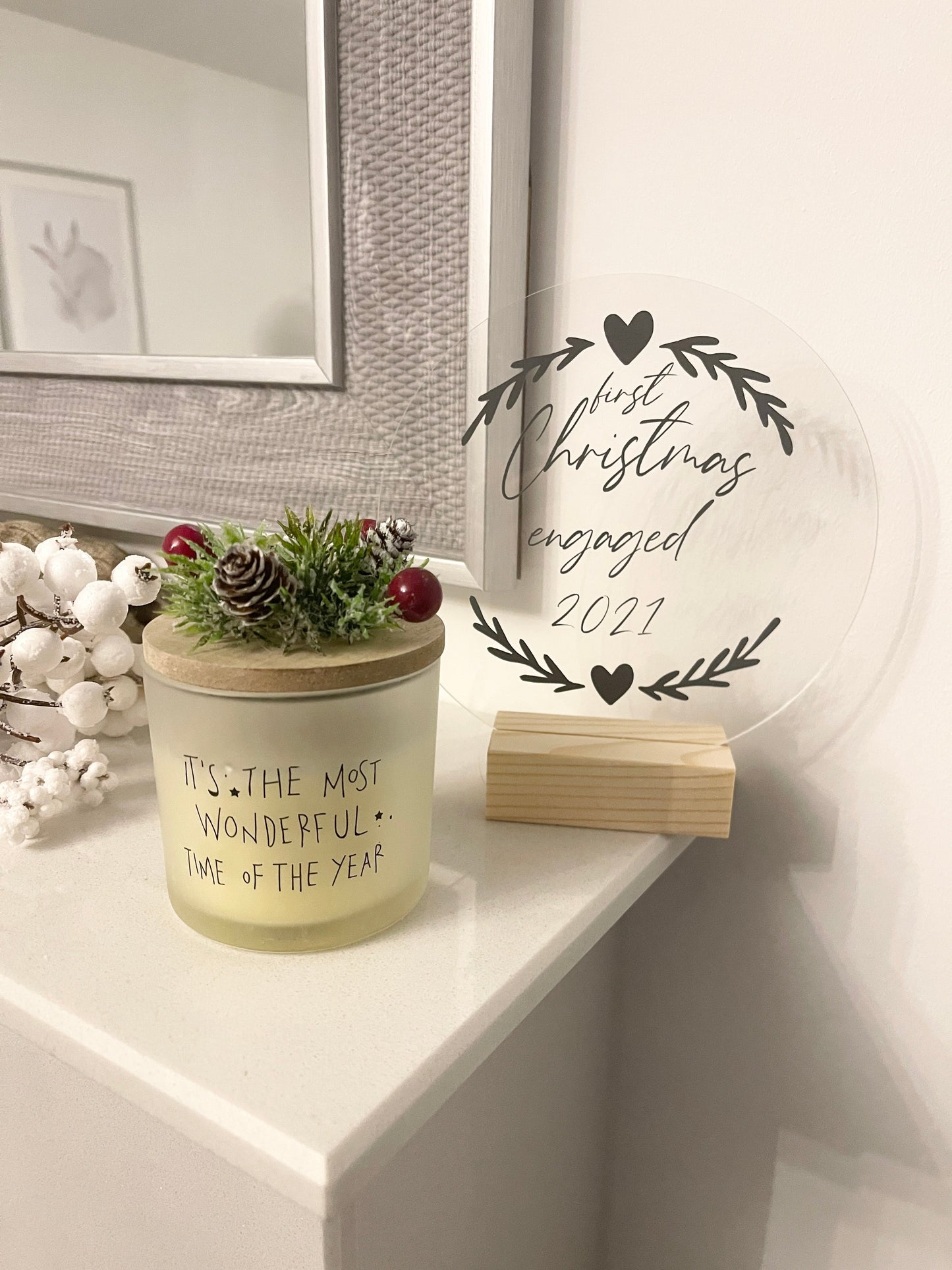 First Christmas Engaged Heart Wreath Christmas Acrylic Plaque Sign With Wooden Base