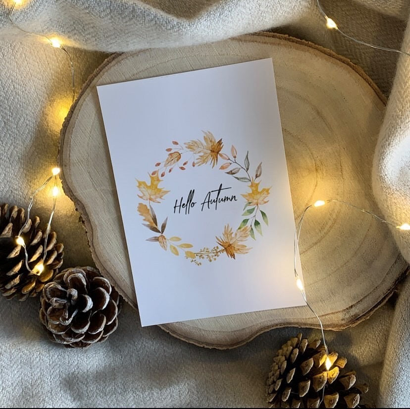 Hello Autumn Watercolour Leaf Wreath New Autumn Seasonal Wall Home Decor Print