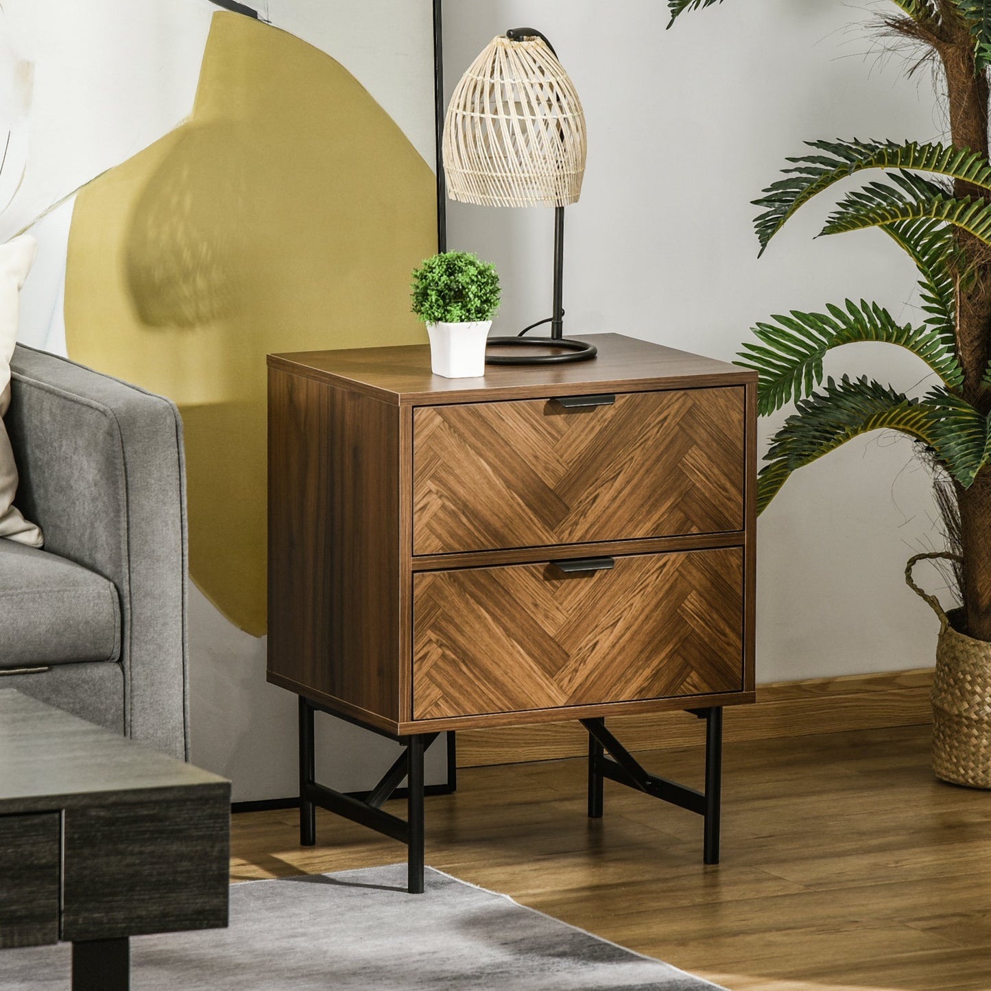 Side Cabinet Home Organizer With 2 Drawer Unit Herringbone Pattern Walnut Tone