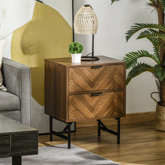 Side Cabinet Home Organizer With 2 Drawer Unit Herringbone Pattern Walnut Tone