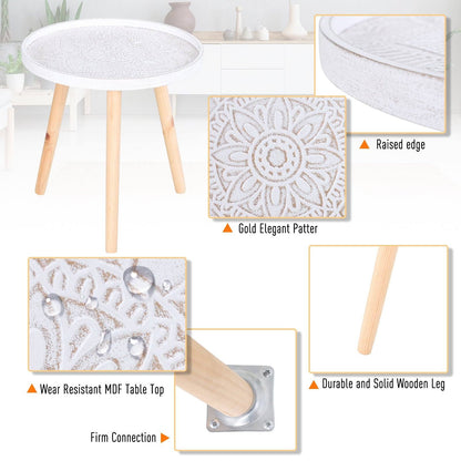Flower Eteched Side Table w/ Saucer Top Wood Legs Living Room Bedroom Furniture Coffee End Table Display Decoration Elegant - White