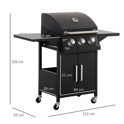 3 Burner Gas BBQ Grill Outdoor Portable Barbecue Trolley With Warming Rack