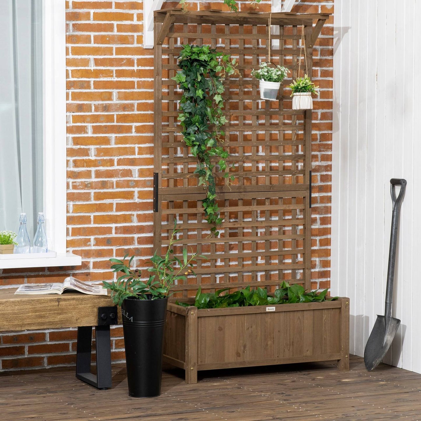 Wood Planter with Trellis for Vine Climbing