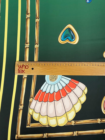 Jewellery Print Crepe Fabric by the Metre – Emerald Green Gold Motifs