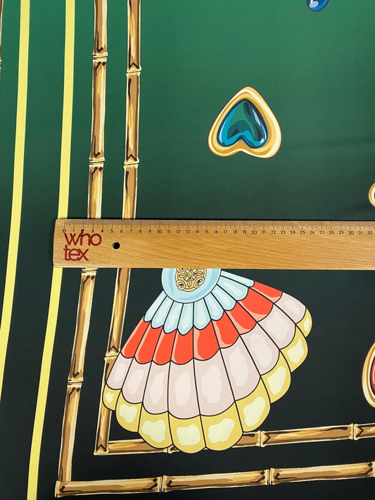 Jewellery Print Crepe Fabric by the Metre – Emerald Green Gold Motifs