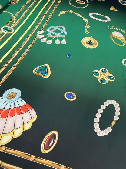 Jewellery Print Crepe Fabric by the Metre – Emerald Green Gold Motifs