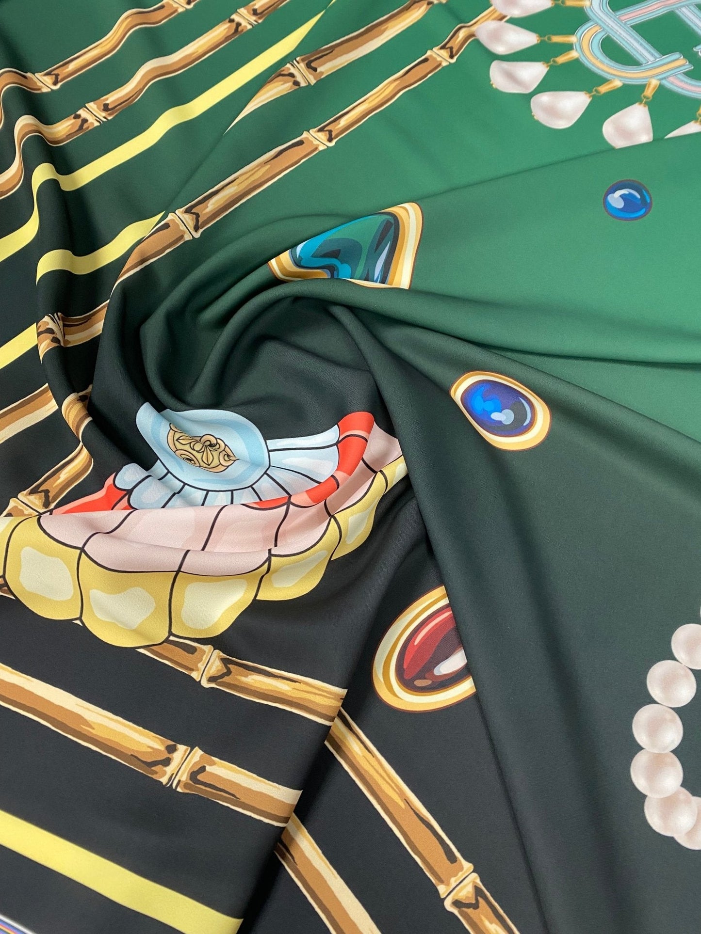 Jewellery Print Crepe Fabric by the Metre – Emerald Green Gold Motifs