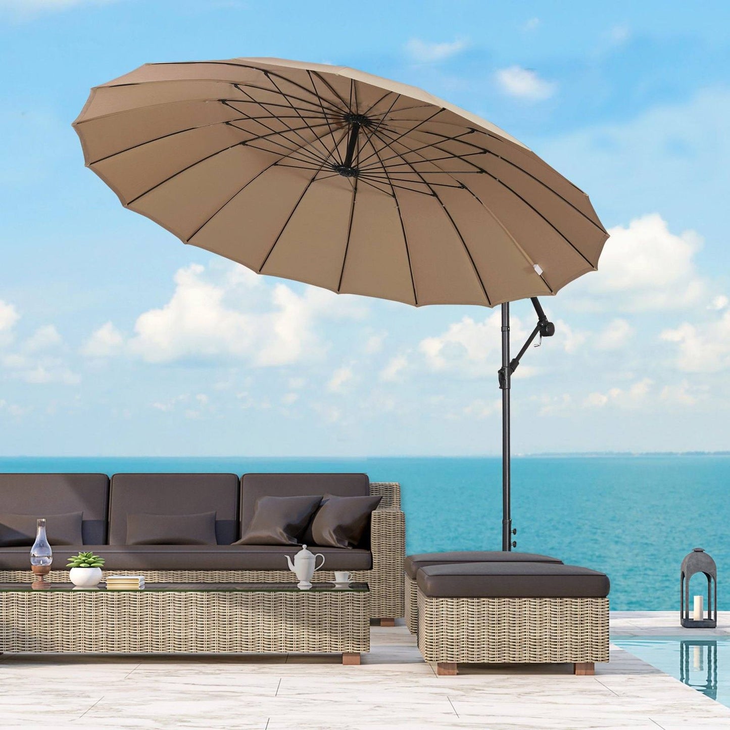3M Cantilever Umbrella 18 Ribs & Vents Adjustable Angle for Patio Khaki