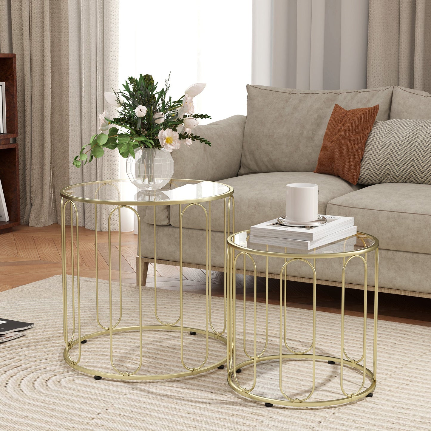 HOMCOM Coffee Table Set of 2, Nest of Tables with Metal Frame, Gold Tone