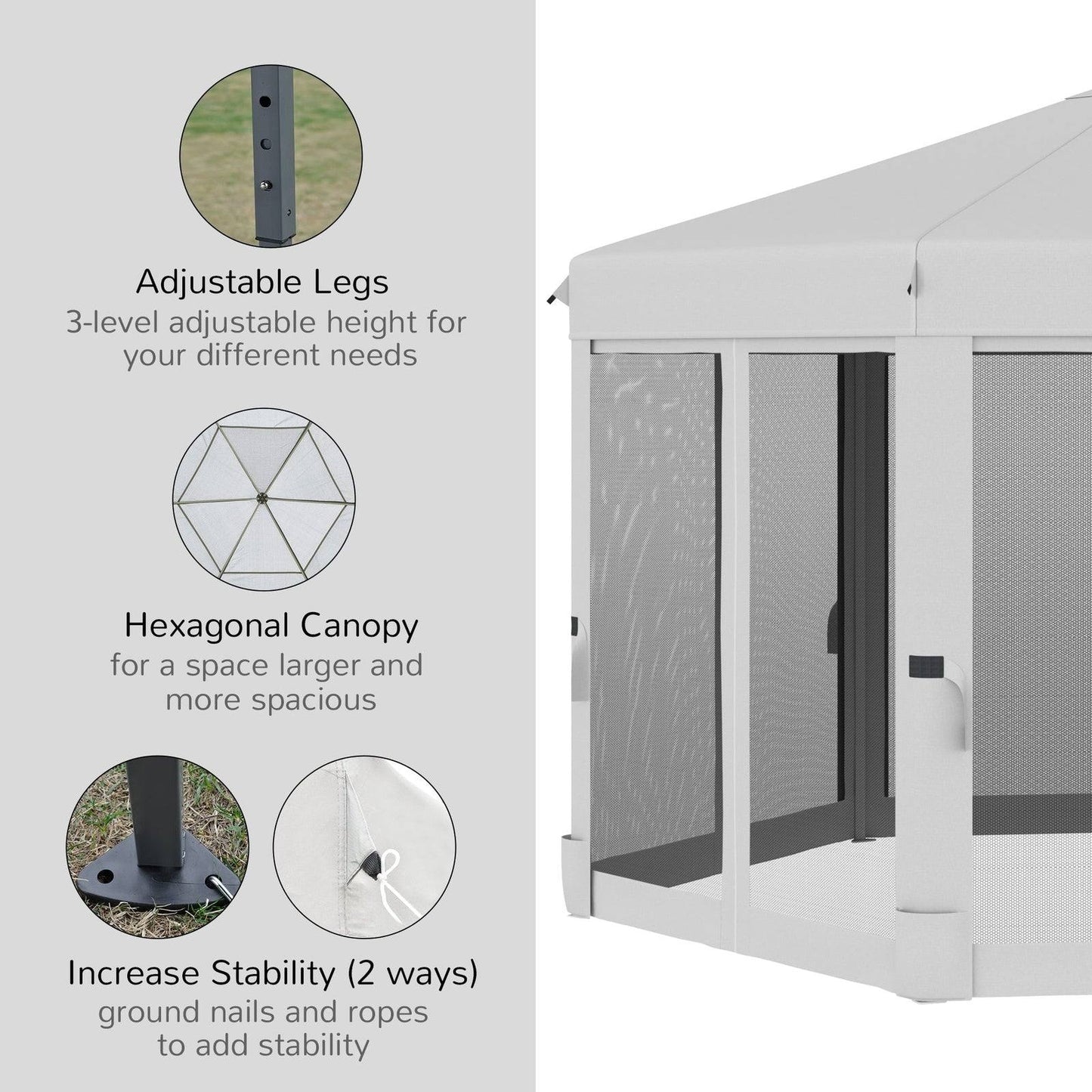 3.2m Pop Up Gazebo Hexagonal Canopy Tent Outdoor Sun Protection with Mesh Sidewalls