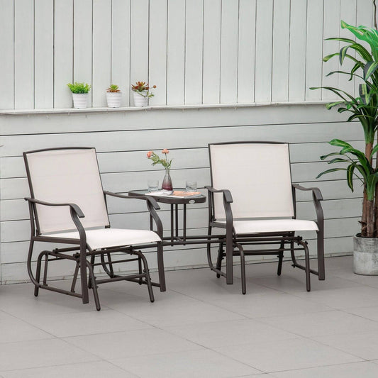 Garden Double Glider Rocking Chairs Metal Gliding Love Seat with Middle Table Conversation Set Patio Backyard Relax Outdoor Furniture Beige