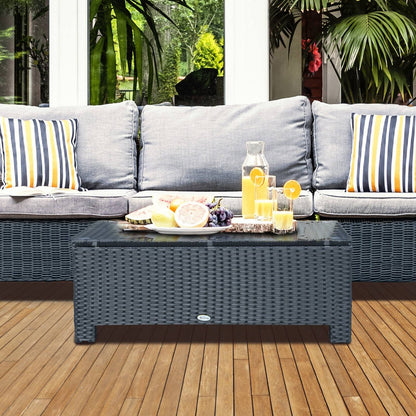 Rattan Garden Furniture Coffee Table Patio Iron Frame Tempered Glass Black