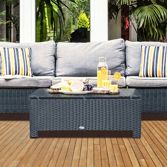 Rattan Garden Furniture Coffee Table Patio Iron Frame Tempered Glass Black